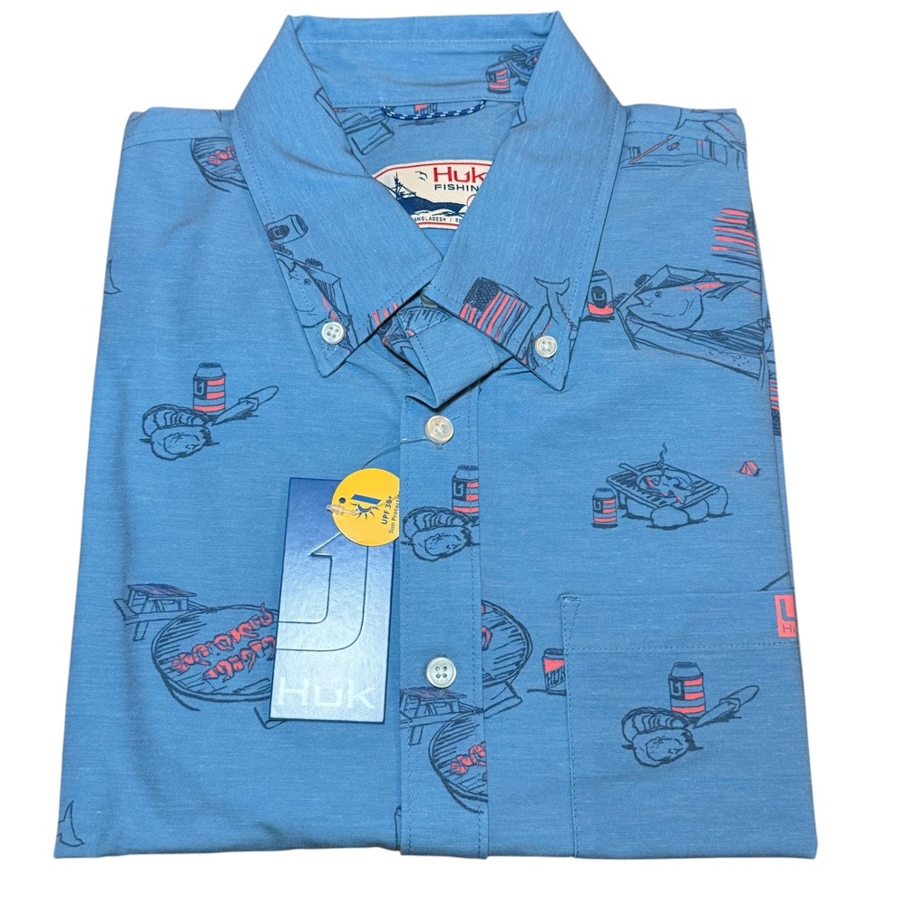 Huk Americookin Kona Fishing Shirt Mens Medium Blue Short Sleeve UPF30 Button Up